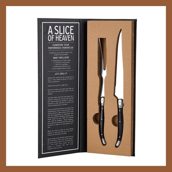 Luxury Carving Set: Porterhouse Steak Knife & Fork | Black Handle Laguiole Style - Picture 1 of 5